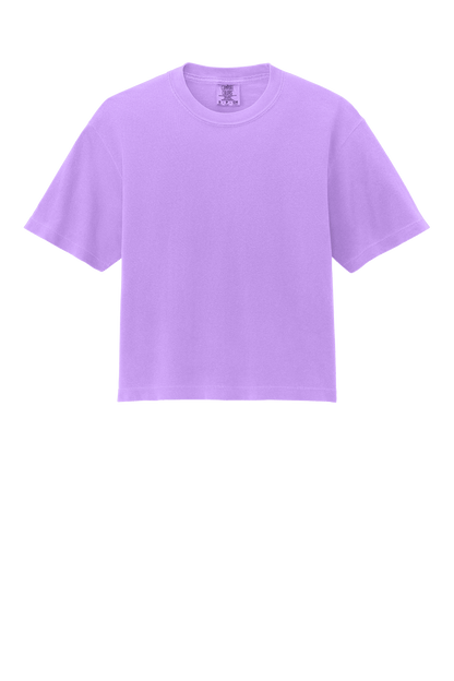 Comfort Colors women's heavyweight boxy crop top in neon violet and mint, garment-dyed for a relaxed fit and custom print.