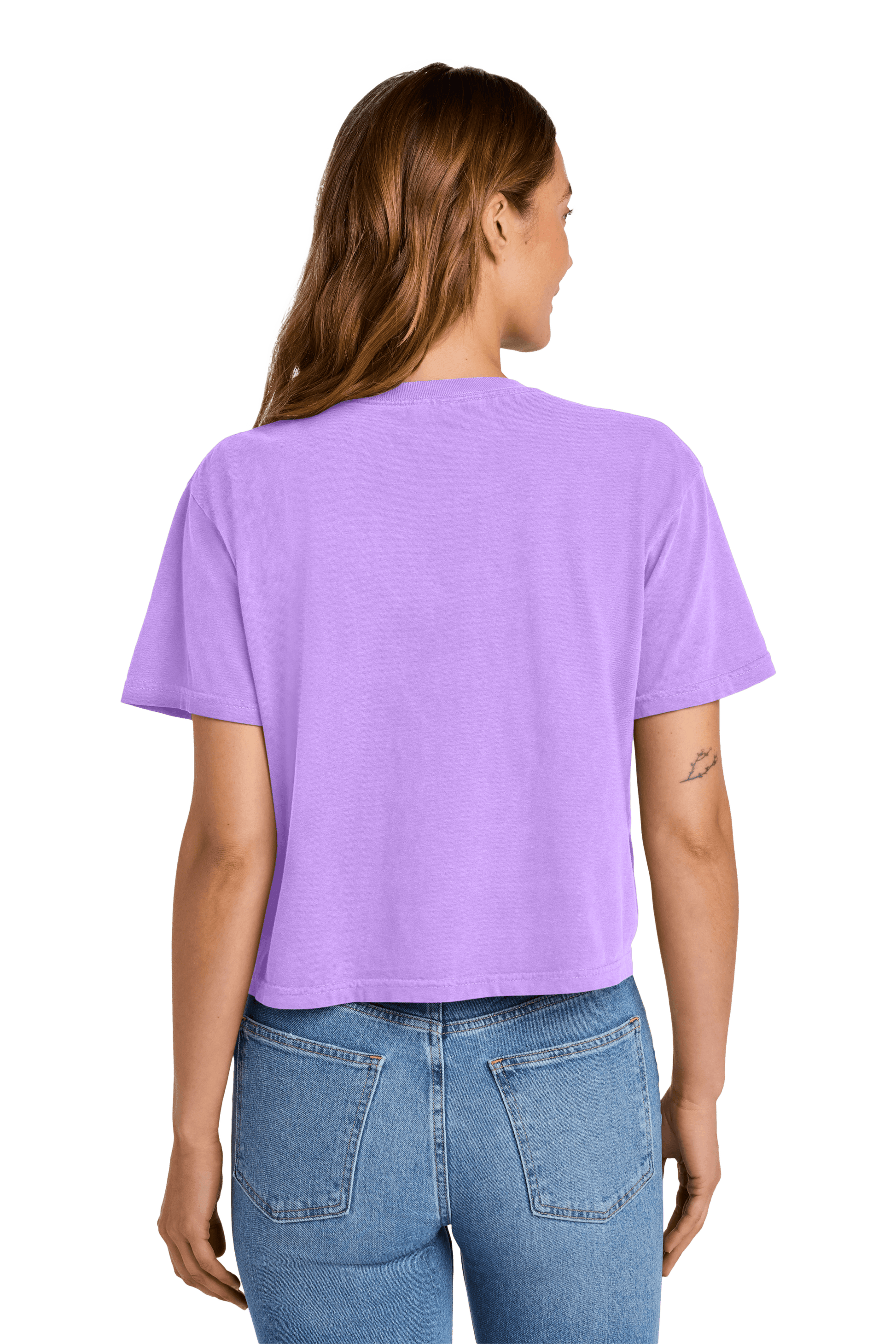 Comfort Colors women's heavyweight garment-dyed boxy crop top in neon violet and mint with custom print, relaxed fit, back view.
