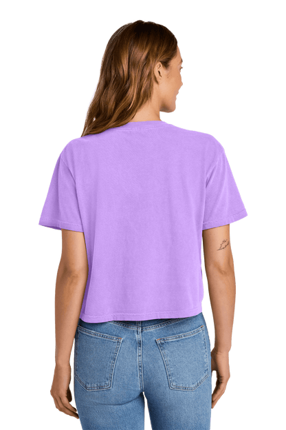 Comfort Colors women's heavyweight garment-dyed boxy crop top in neon violet and mint with custom print, relaxed fit, back view.