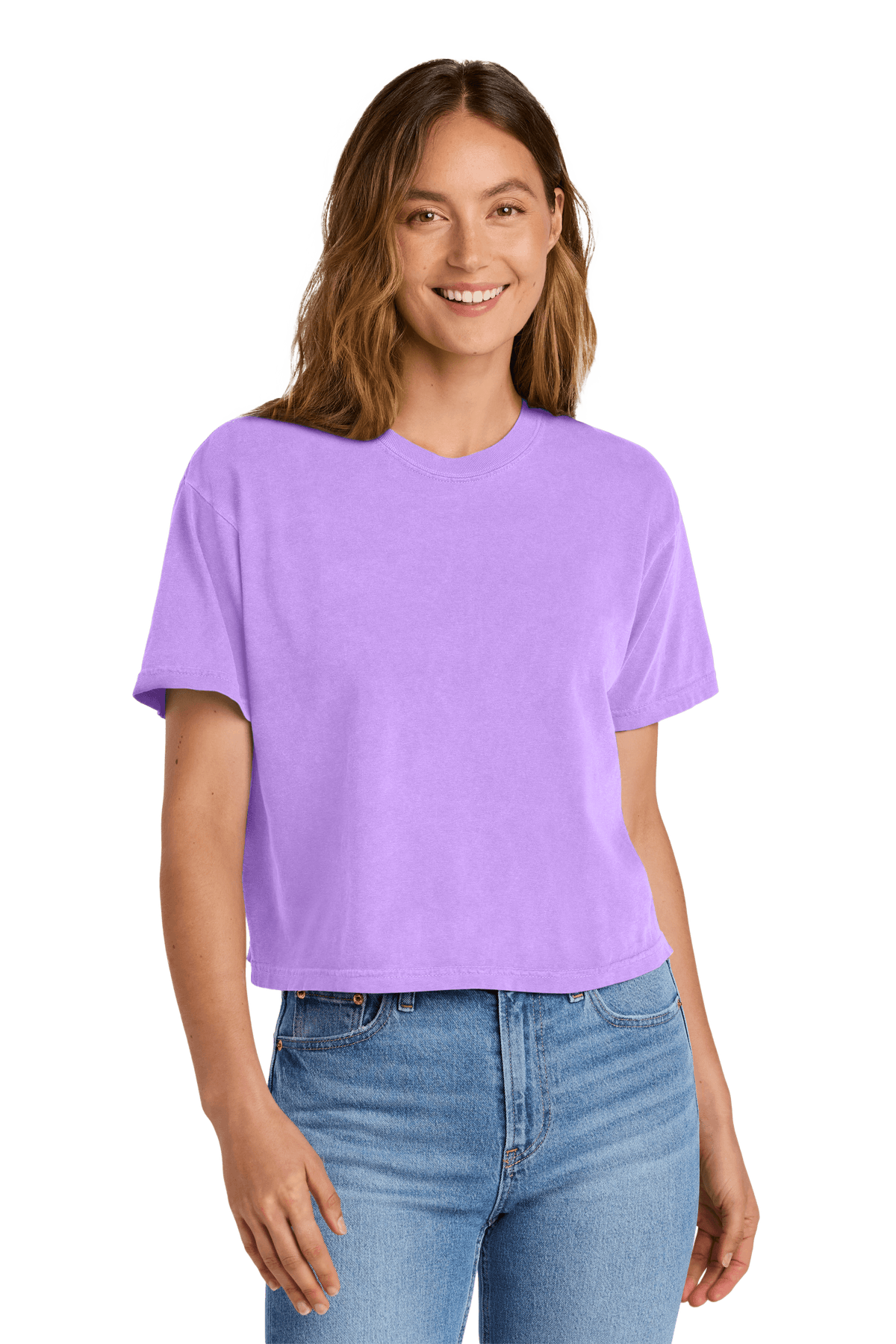 Comfort Colors women's neon violet and mint crop boxy tee, heavy-weight, garment-dyed, relaxed fit with custom print, front view