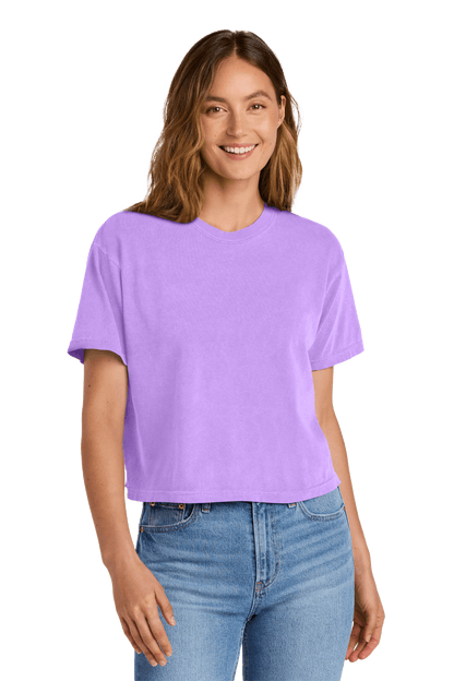 Comfort Colors women's neon violet and mint crop boxy tee, heavy-weight, garment-dyed, relaxed fit with custom print, front view