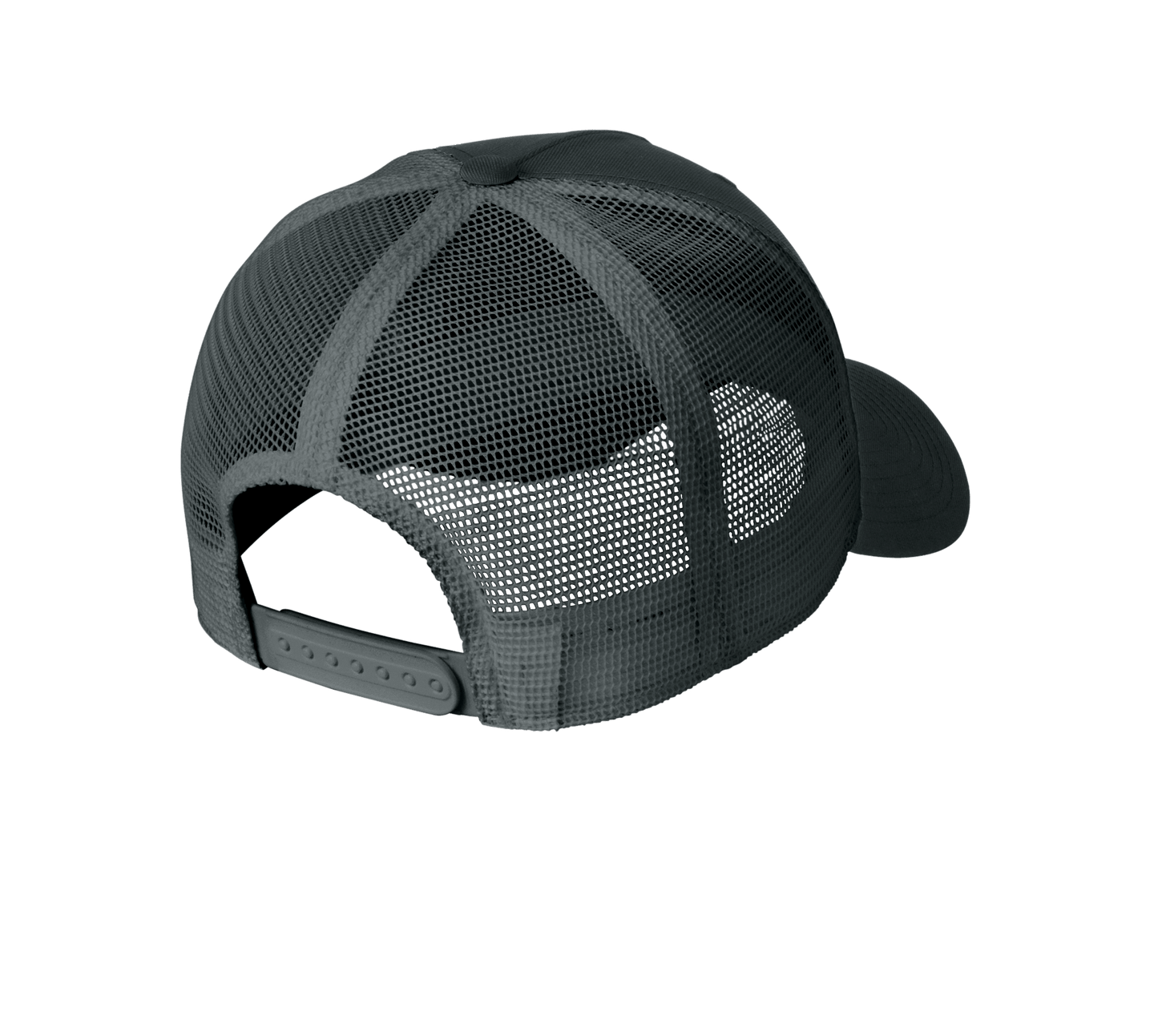 Nike black dark grey trucker hat with mesh panels and printed design, showcasing a classic snapback style.
