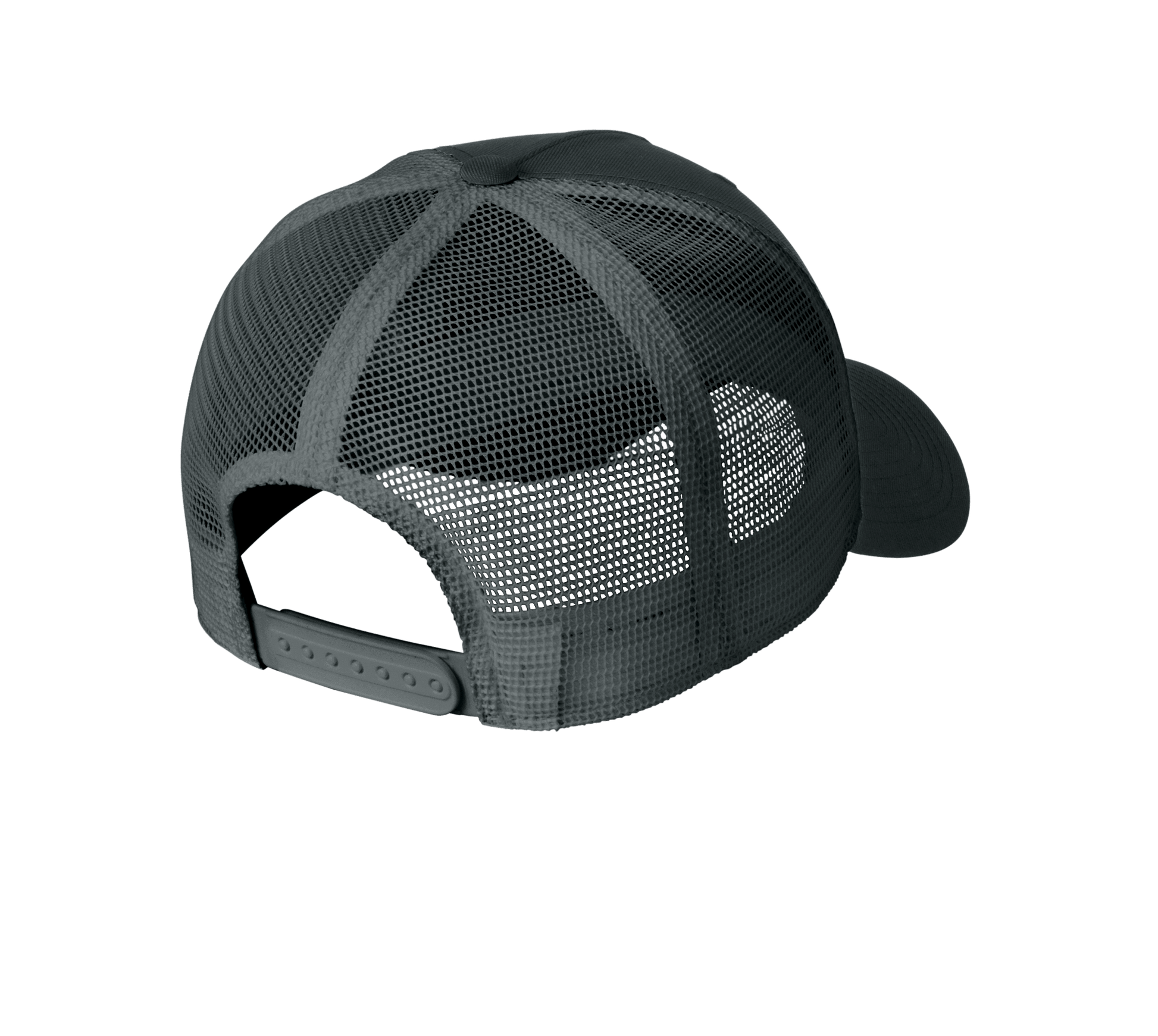 Nike black dark grey trucker hat with mesh panels and printed design, showcasing a classic snapback style.