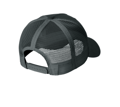 Nike black dark grey trucker hat with mesh panels and printed design, showcasing a classic snapback style.