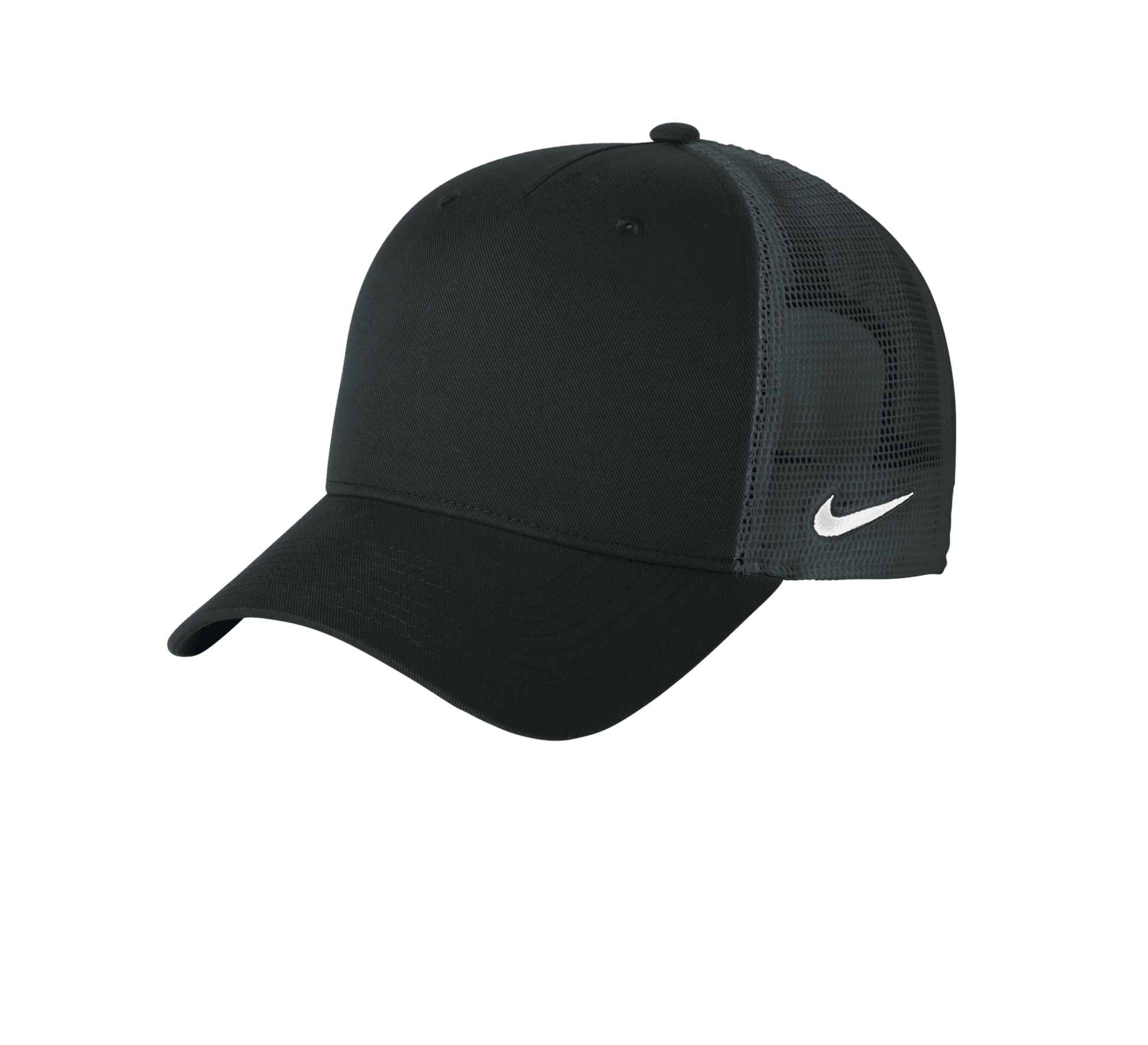 Nike black dark grey mesh trucker hat with printed design, casual style, adjustable snapback closure, and breathable mesh material.