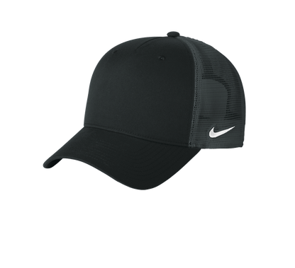 Nike black dark grey mesh trucker hat with printed design, casual style, adjustable snapback closure, and breathable mesh material.