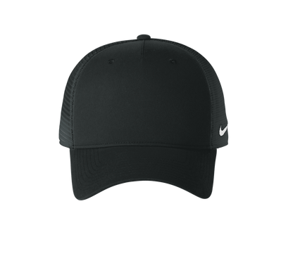 Nike black dark grey mesh trucker cap with printed design, showcasing a classic snapback style and adjustable fit.