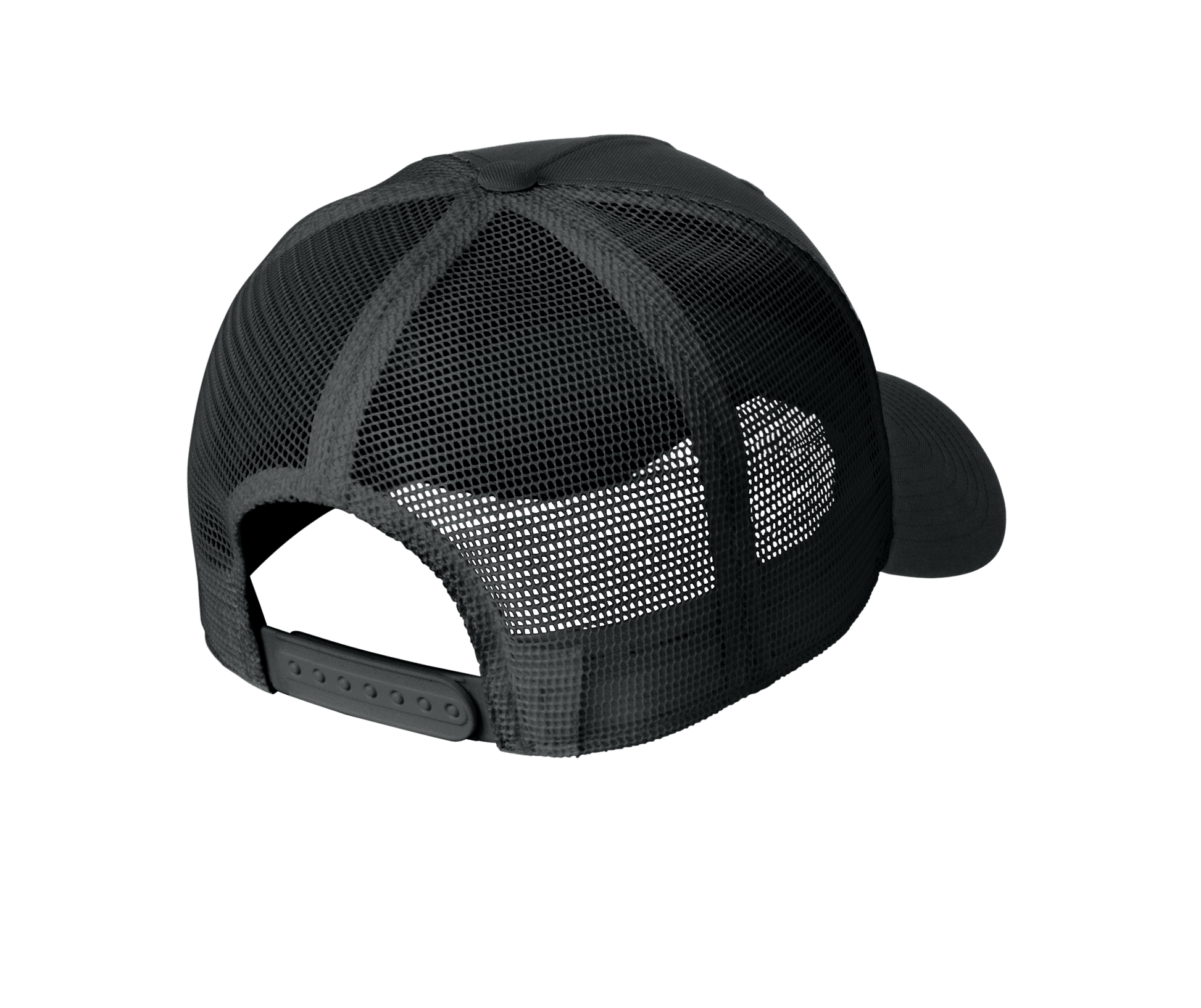 Nike black mesh trucker cap with printed design, featuring adjustable snapback closure and classic trucker hat style.