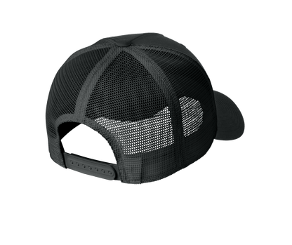 Nike black mesh trucker cap with printed design, featuring adjustable snapback closure and classic trucker hat style.