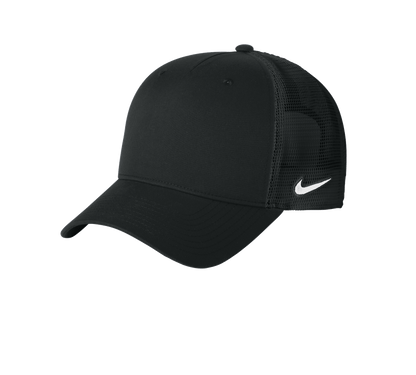 Nike black snapback mesh trucker cap with printed design, adjustable fit, and classic style.