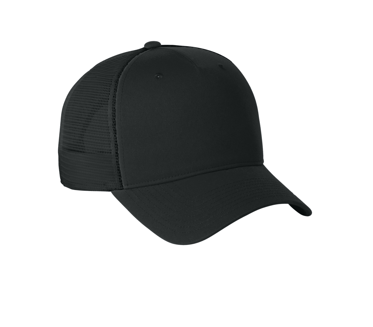 Black Nike trucker hat with mesh panels and printed design, showcasing the classic snapback style and customizable options.