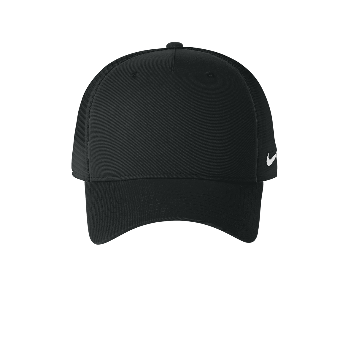 Nike black mesh trucker cap with printed design, adjustable snapback closure, and breathable mesh panels for casual wear.