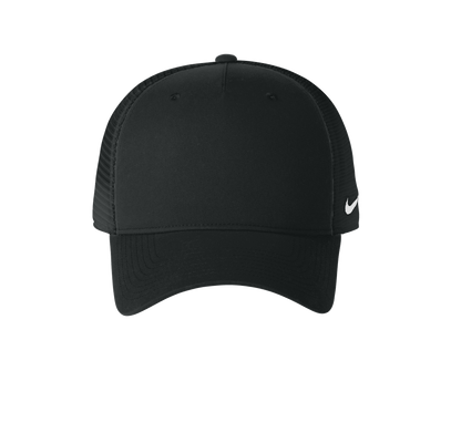 Nike black mesh trucker cap with printed design, adjustable snapback closure, and breathable mesh panels for casual wear.