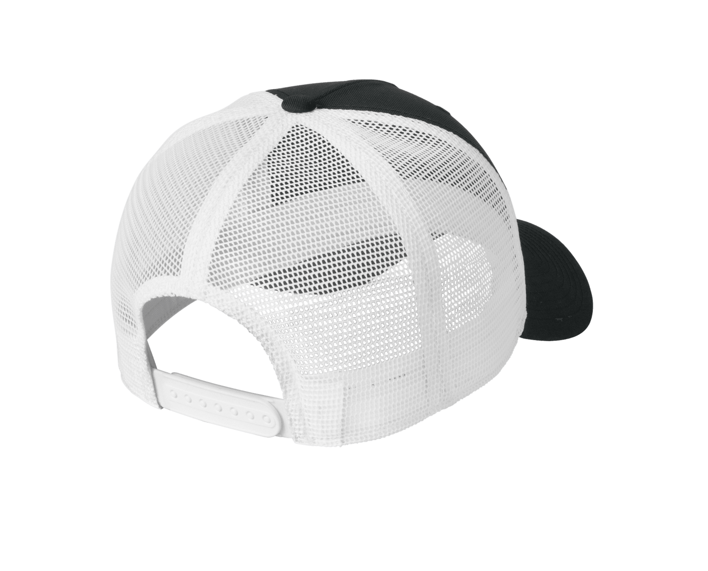 Nike black and white mesh trucker cap with printed design, featuring adjustable snapback closure and classic style.