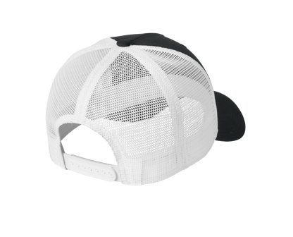 Nike black and white mesh trucker cap with printed design, featuring adjustable snapback closure and classic style.