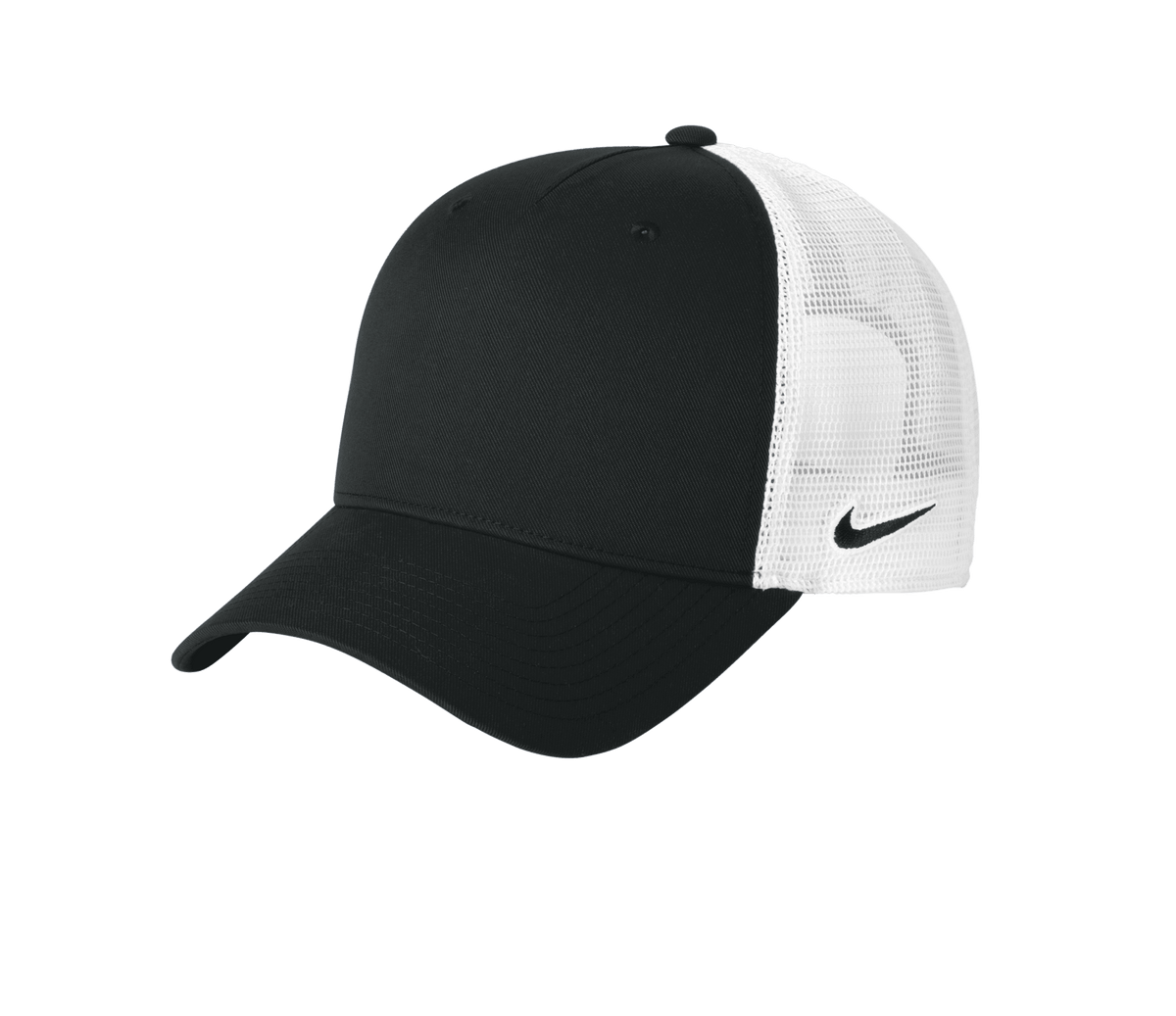Nike black and white mesh trucker cap with printed design, featuring a classic snapback style and adjustable fit.