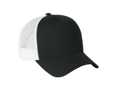 Nike black and white mesh trucker hat with printed design, adjustable snapback closure, and customizable option.