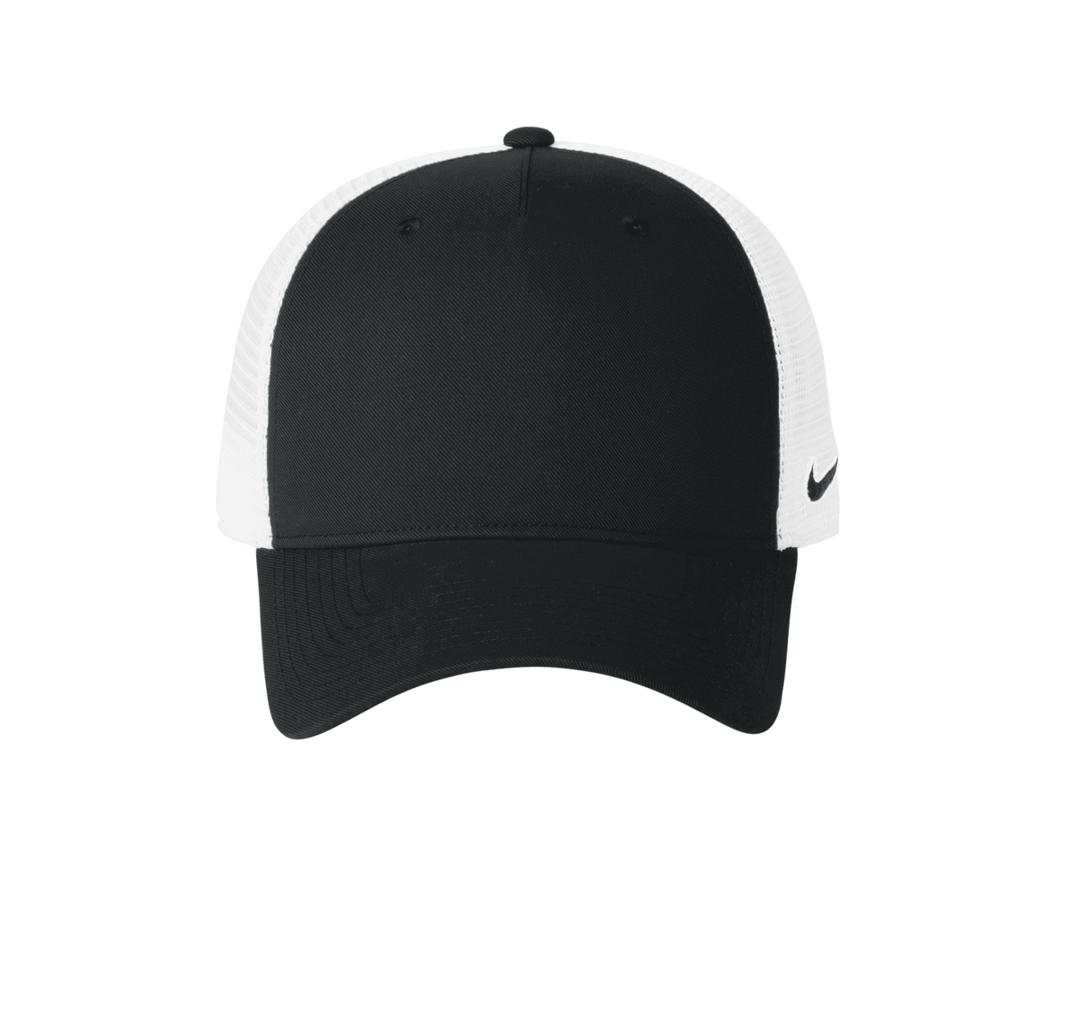 Nike black and white mesh trucker hat with printed design, featuring adjustable snapback closure and classic trucker style.