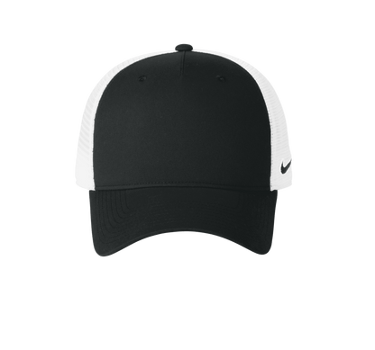 Nike black and white mesh trucker hat with printed design, featuring adjustable snapback closure and classic trucker style.