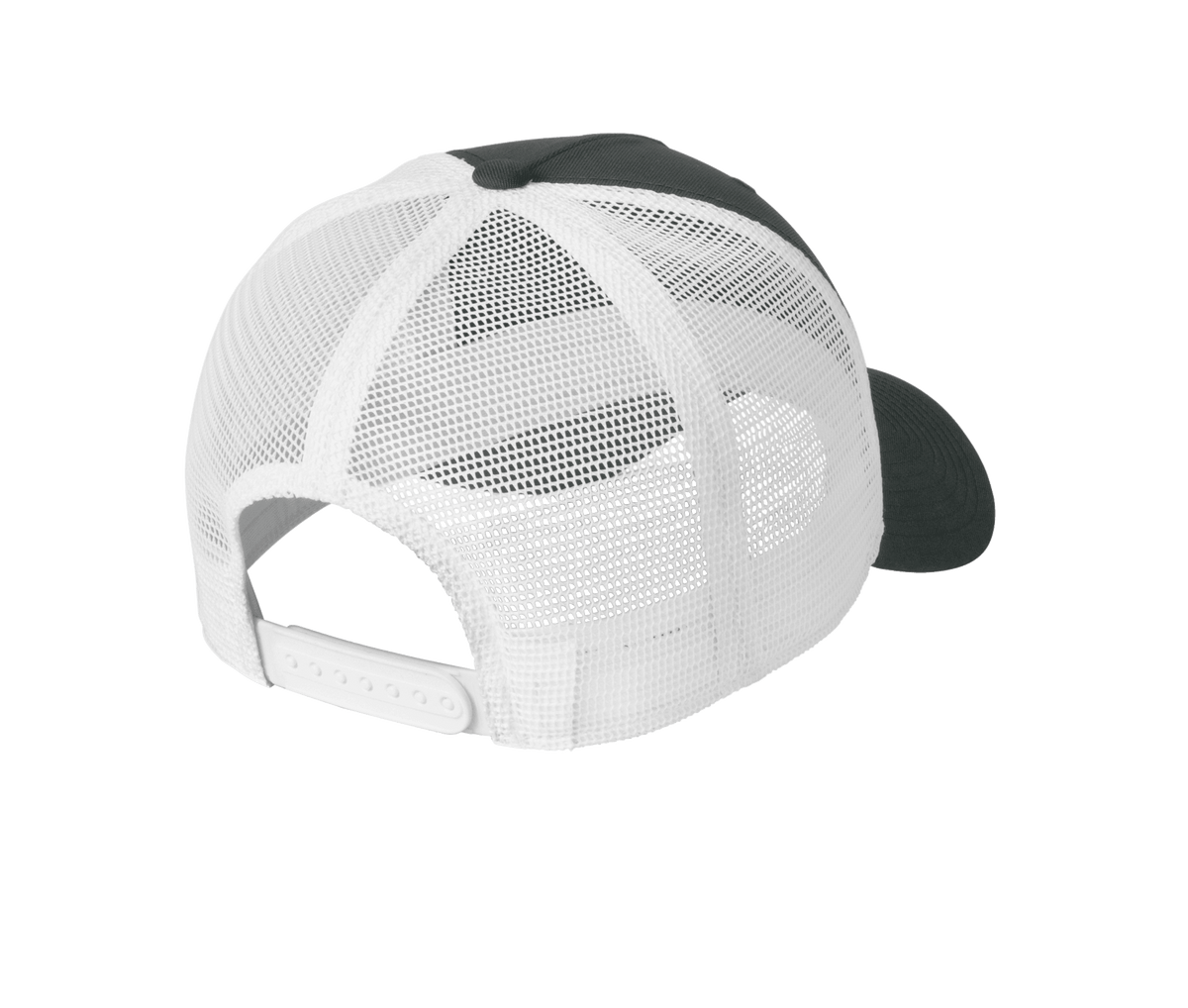 Nike dark gray and white mesh trucker hat with printed design, featuring adjustable snapback closure for a customizable fit.