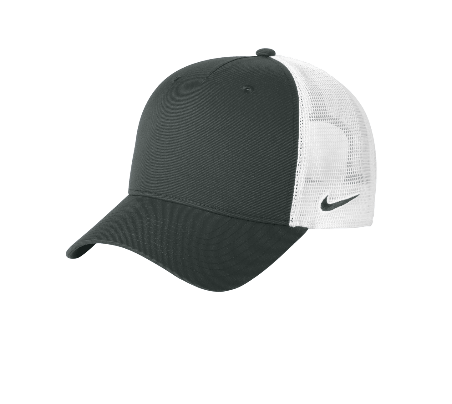 Nike dark gray and white mesh trucker cap with printed design, adjustable snapback closure, and customizable options.