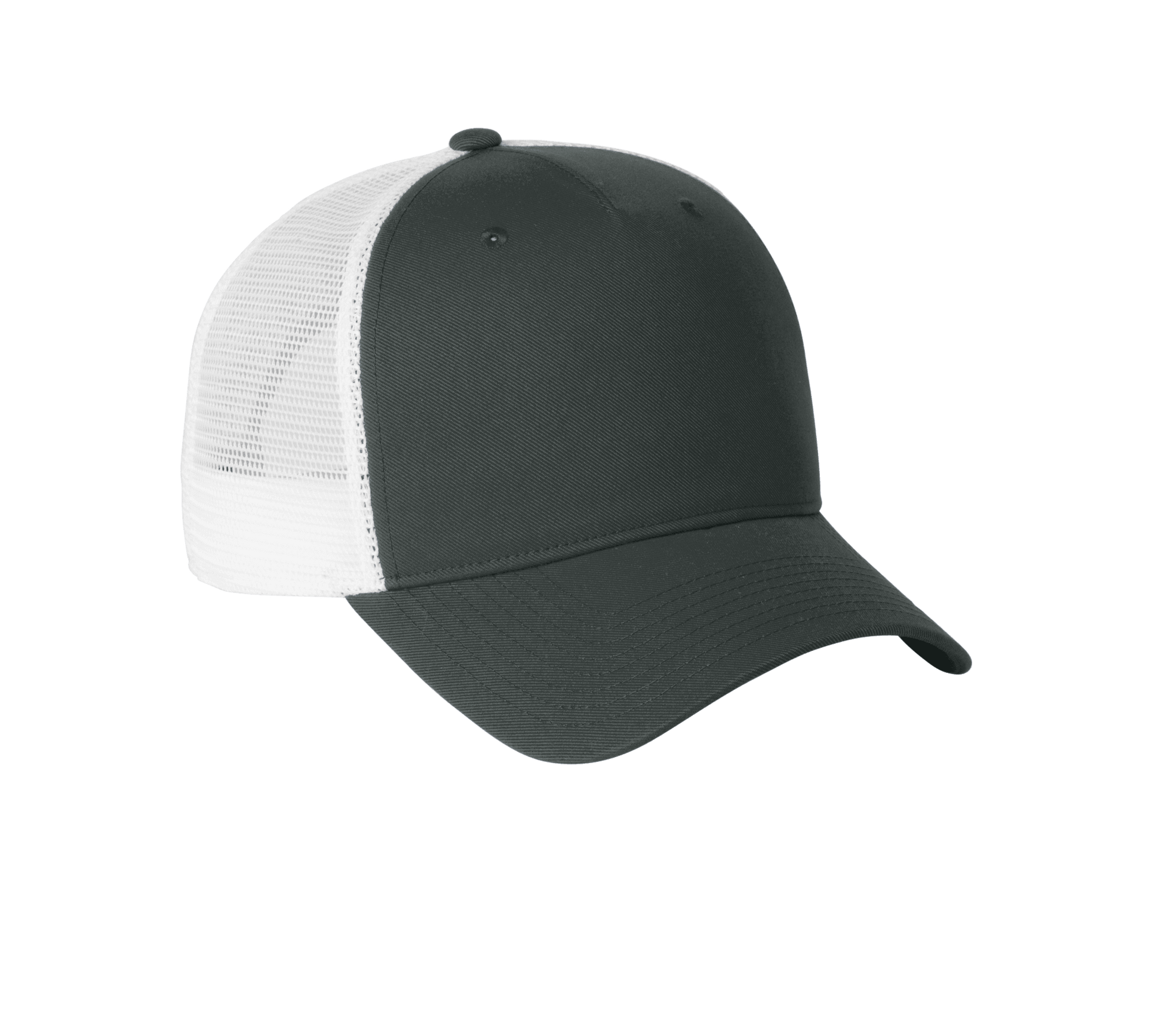 Nike dark gray and white mesh trucker hat with printed design, featuring a snapback closure and breathable mesh panels.