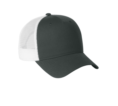 Nike dark gray and white mesh trucker hat with printed design, featuring a snapback closure and breathable mesh panels.