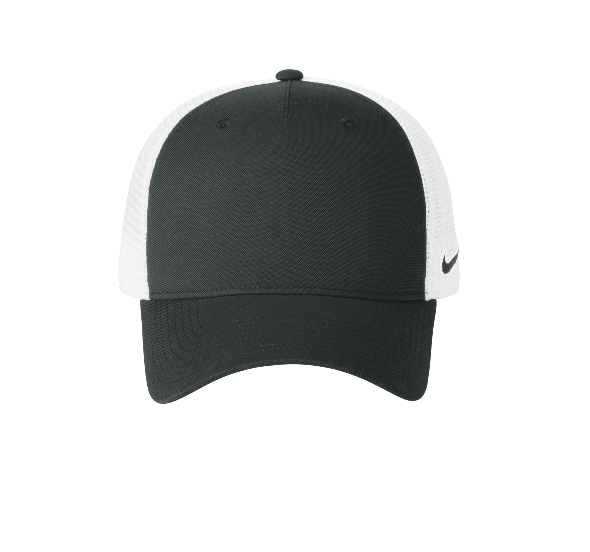 Nike dark gray and white mesh trucker hat with printed design, adjustable snapback, breathable mesh panels, and Nike branding.