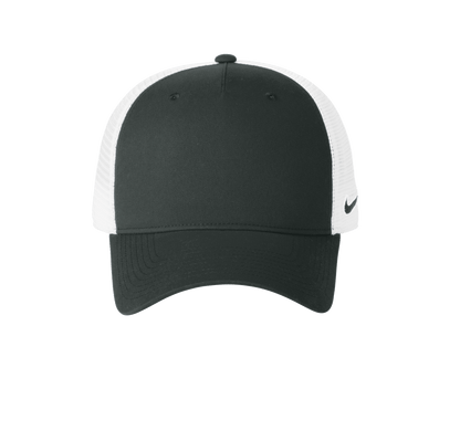 Nike dark gray and white mesh trucker hat with printed design, adjustable snapback, breathable mesh panels, and Nike branding.