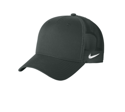 Nike dark gray snapback mesh trucker cap with printed design, adjustable strap, and classic structured style.