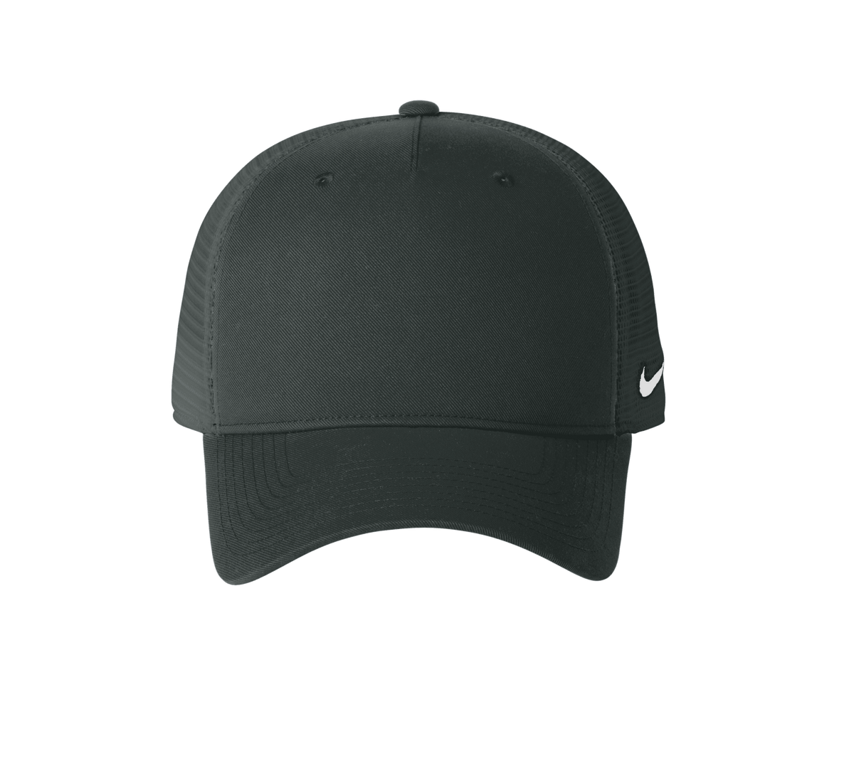 Nike dark gray trucker hat with mesh panels and printed design, featuring a classic snapback style for casual wear.