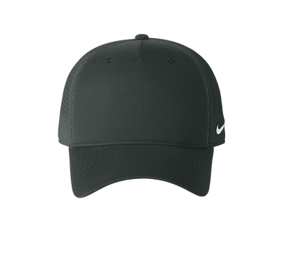 Nike dark gray trucker hat with mesh panels and printed design, featuring a classic snapback style for casual wear.