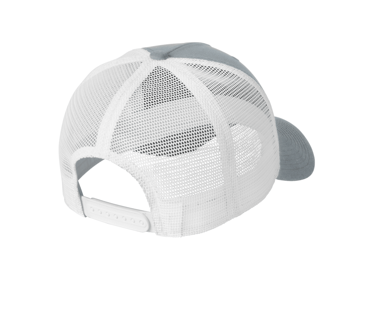 Nike grey and white mesh trucker hat with printed design, showcasing adjustable snapback closure and classic trucker style.