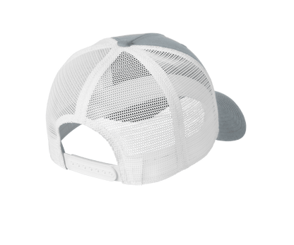 Nike grey and white mesh trucker hat with printed design, showcasing adjustable snapback closure and classic trucker style.