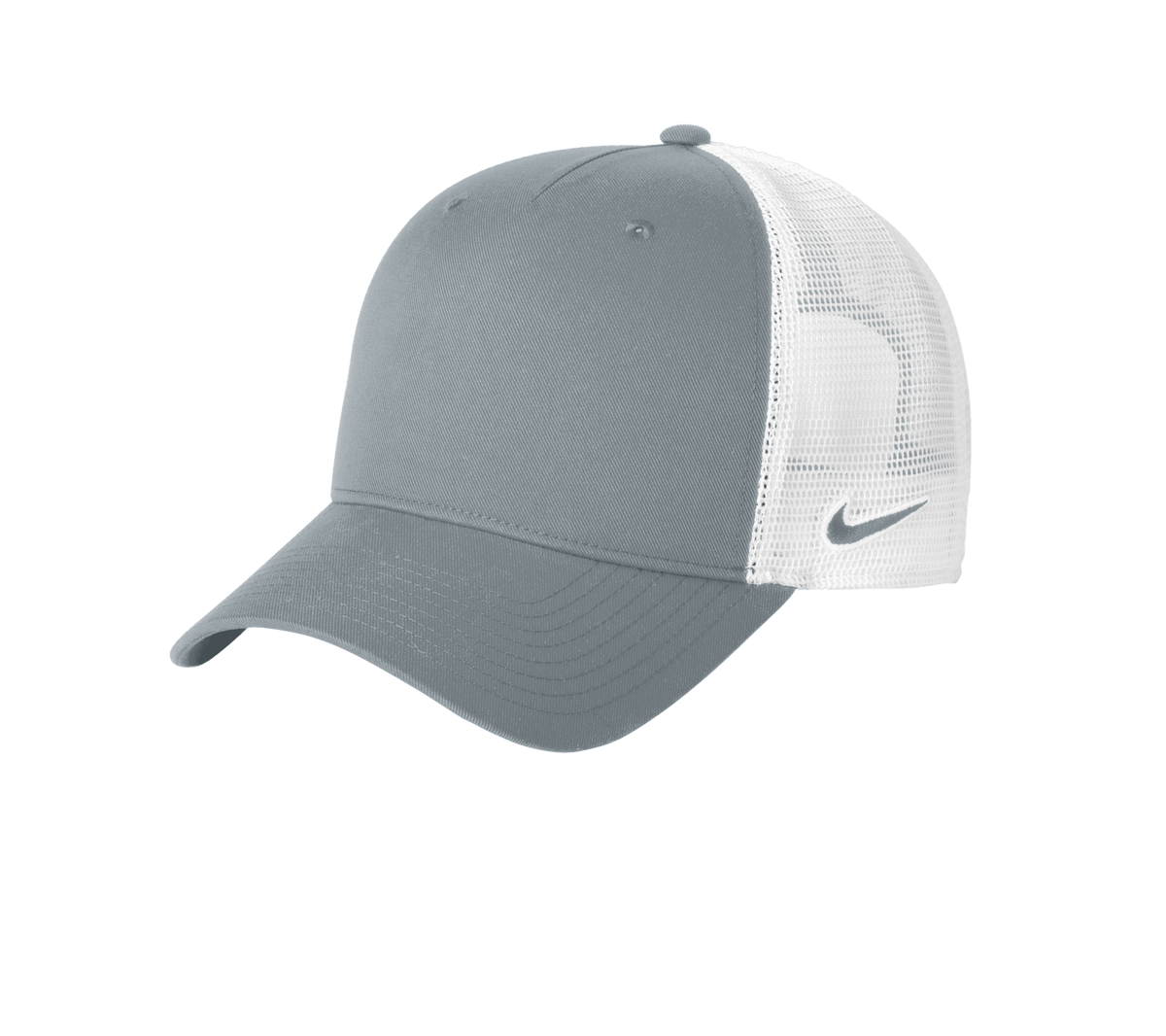 Nike grey and white mesh trucker hat with printed design, adjustable snapback, breathable mesh material, suitable for customization.