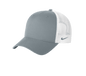 Nike grey and white mesh trucker hat with printed design, adjustable snapback, breathable mesh material, suitable for customization.