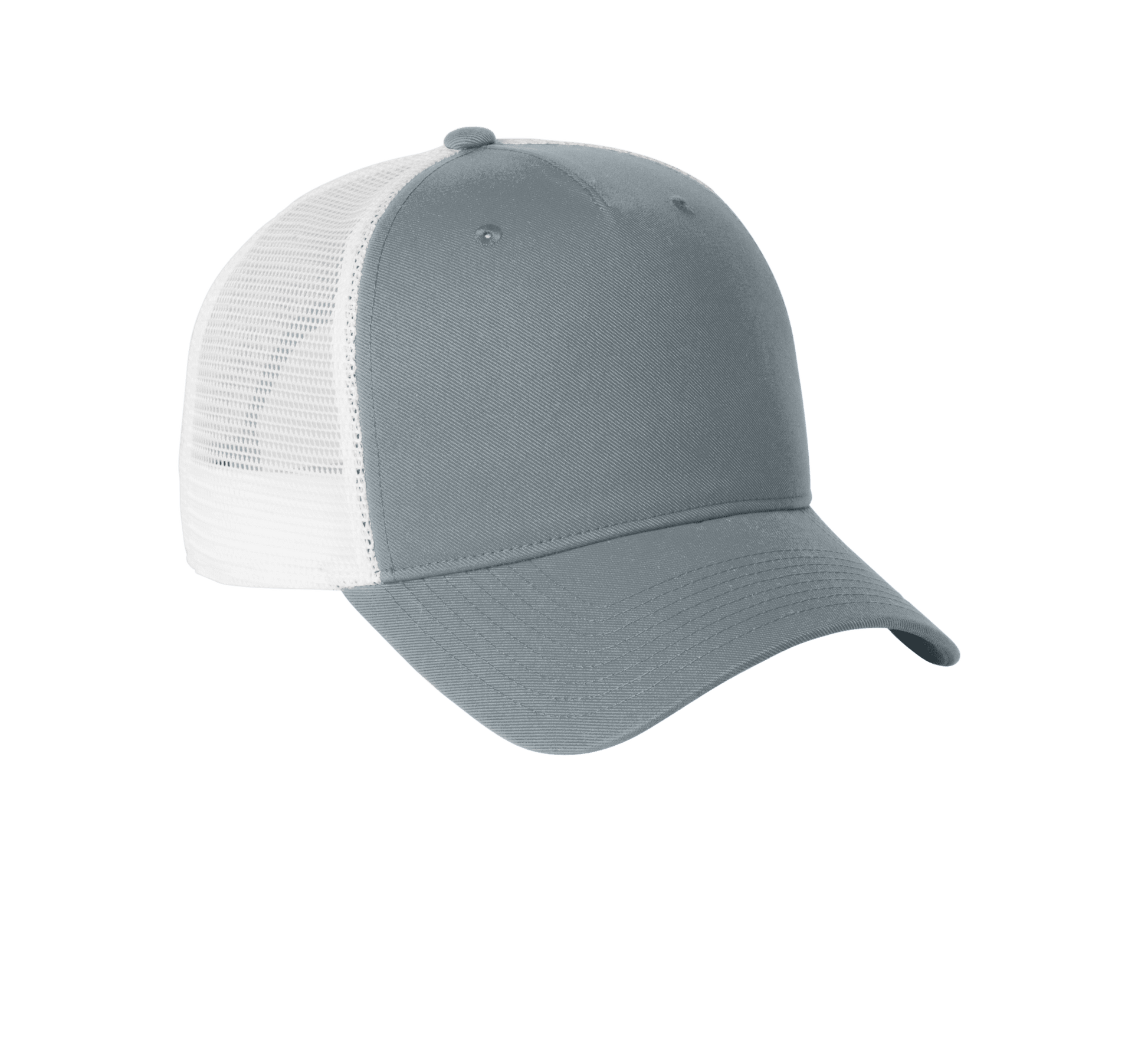Nike grey and white mesh trucker cap with printed design, featuring a classic snapback style and adjustable fit.