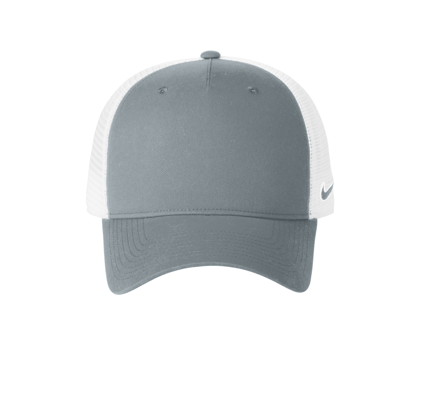 Nike grey and white mesh trucker cap with printed design, featuring a classic snapback style and adjustable strap.