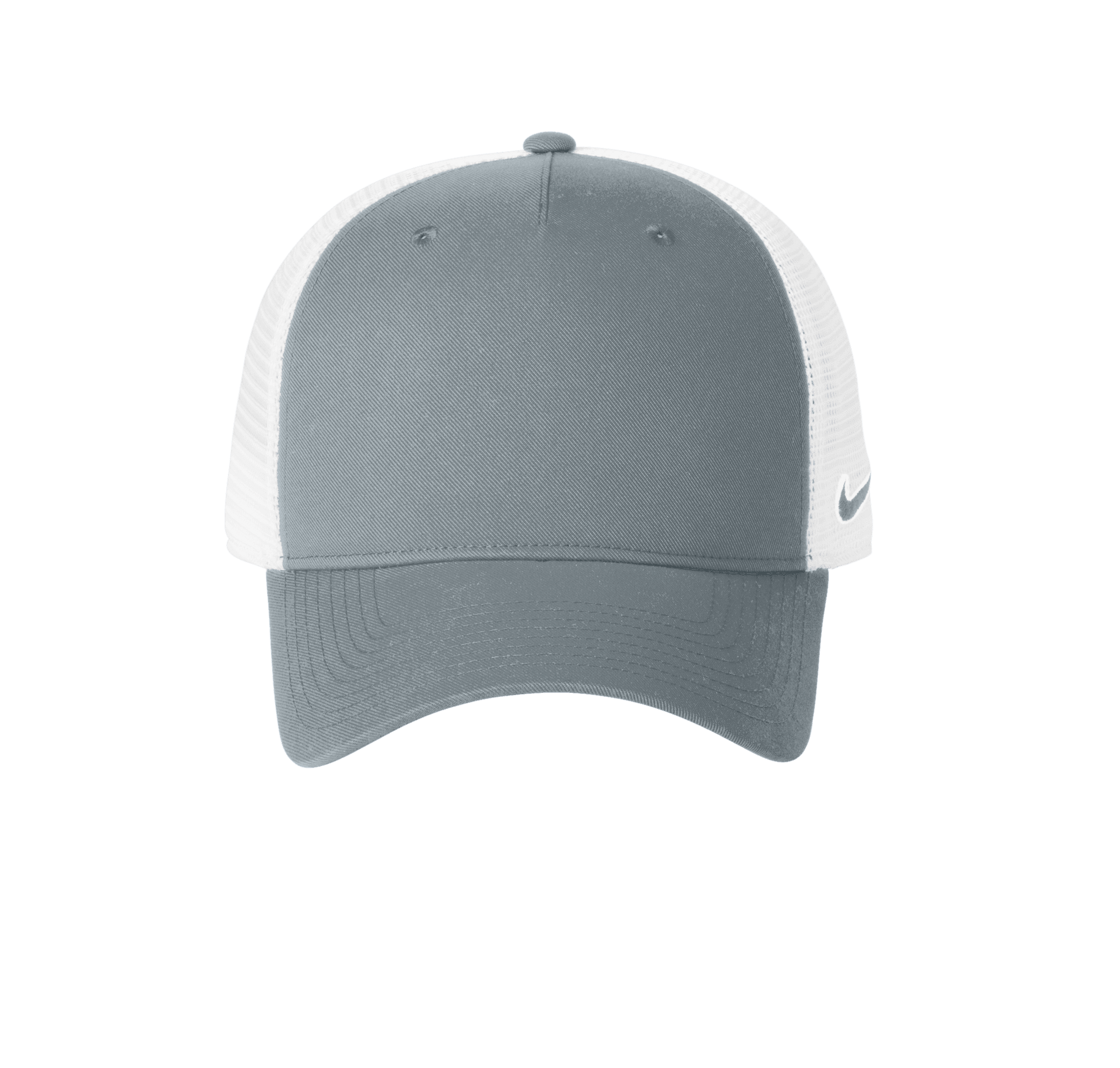 Nike grey and white mesh trucker cap with printed design, featuring a classic snapback style and adjustable strap.