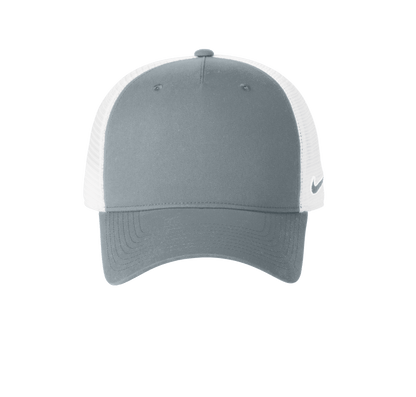 Nike grey and white mesh trucker cap with printed design, featuring a classic snapback style and adjustable strap.