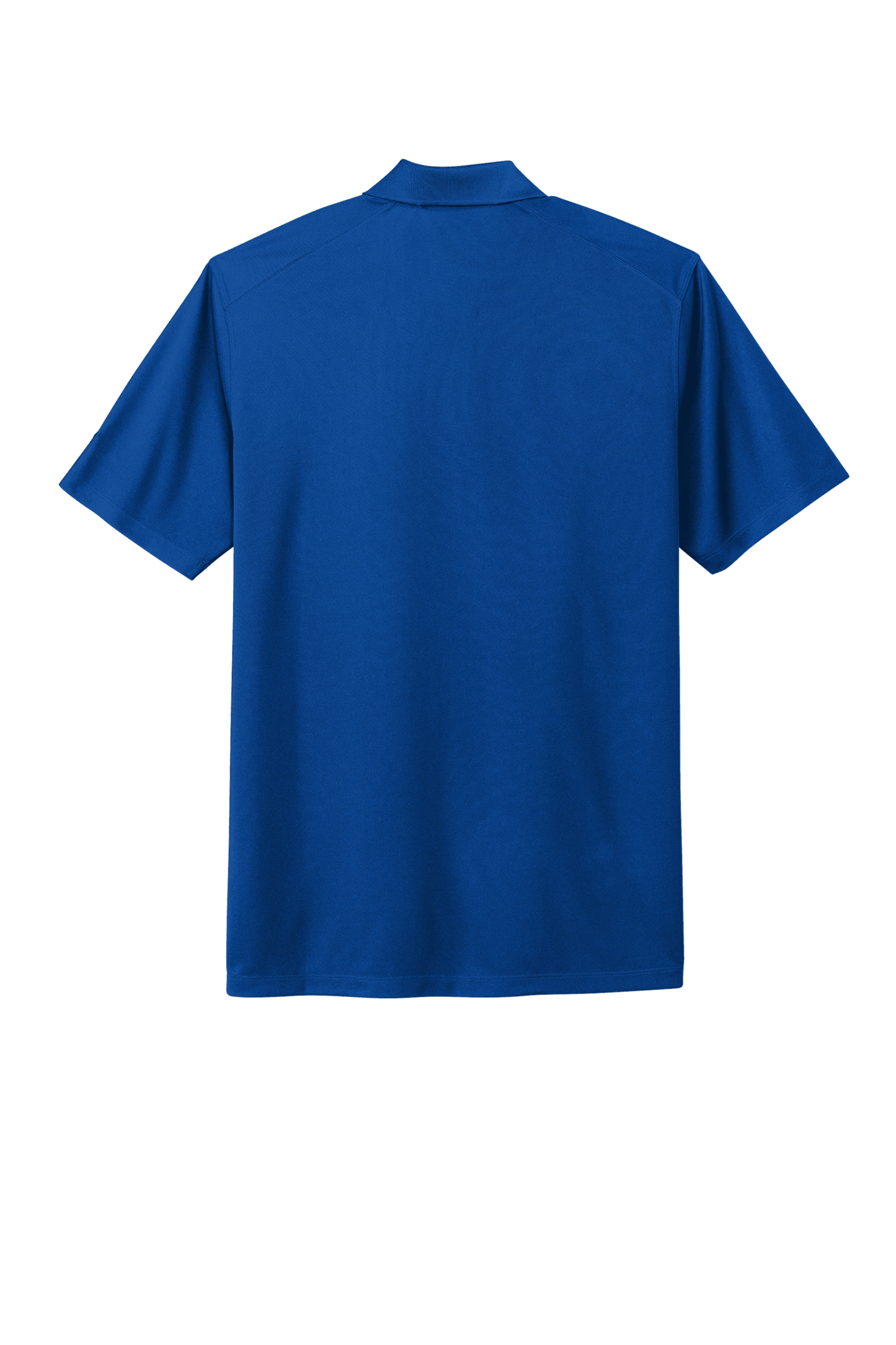 Nike men's Dri-FIT polo shirt in blue with printed design, shown from the back view. Made for comfort and style.
