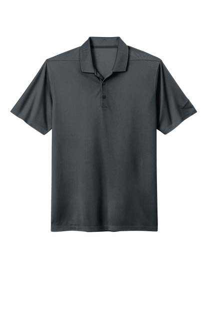 Nike men's Dri-FIT polo shirt in charcoal grey with a printed design, shown in a front view, ideal for athletic and casual wear.