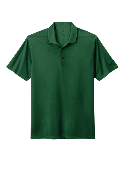 Nike men's Dri-FIT polo shirt in forest green with a printed design, showcasing the breathable athletic fabric and classic polo style.
