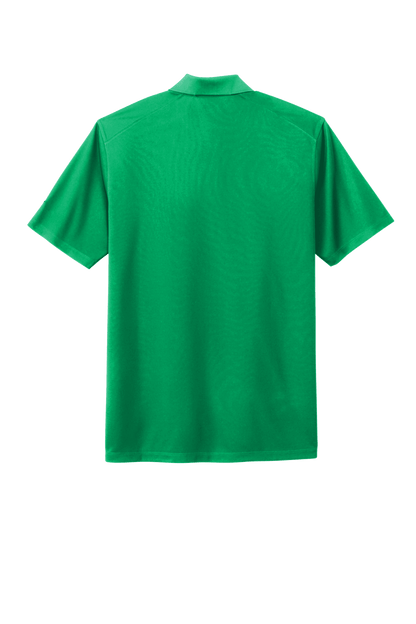 Nike men's Dri-FIT polo shirt with green print, shown from the back, made of moisture-wicking fabric for active wear.