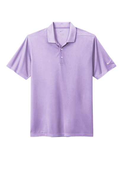 Nike men's Dri-FIT polo shirt with lilac print, featuring a close-up view of the fabric and design details.