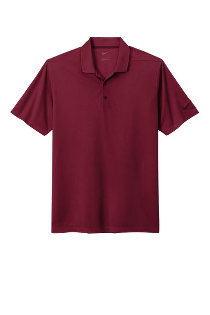 Nike men's Dri-FIT polo shirt with maroon print, showcasing a comfortable fit and stylish design in a front view image.