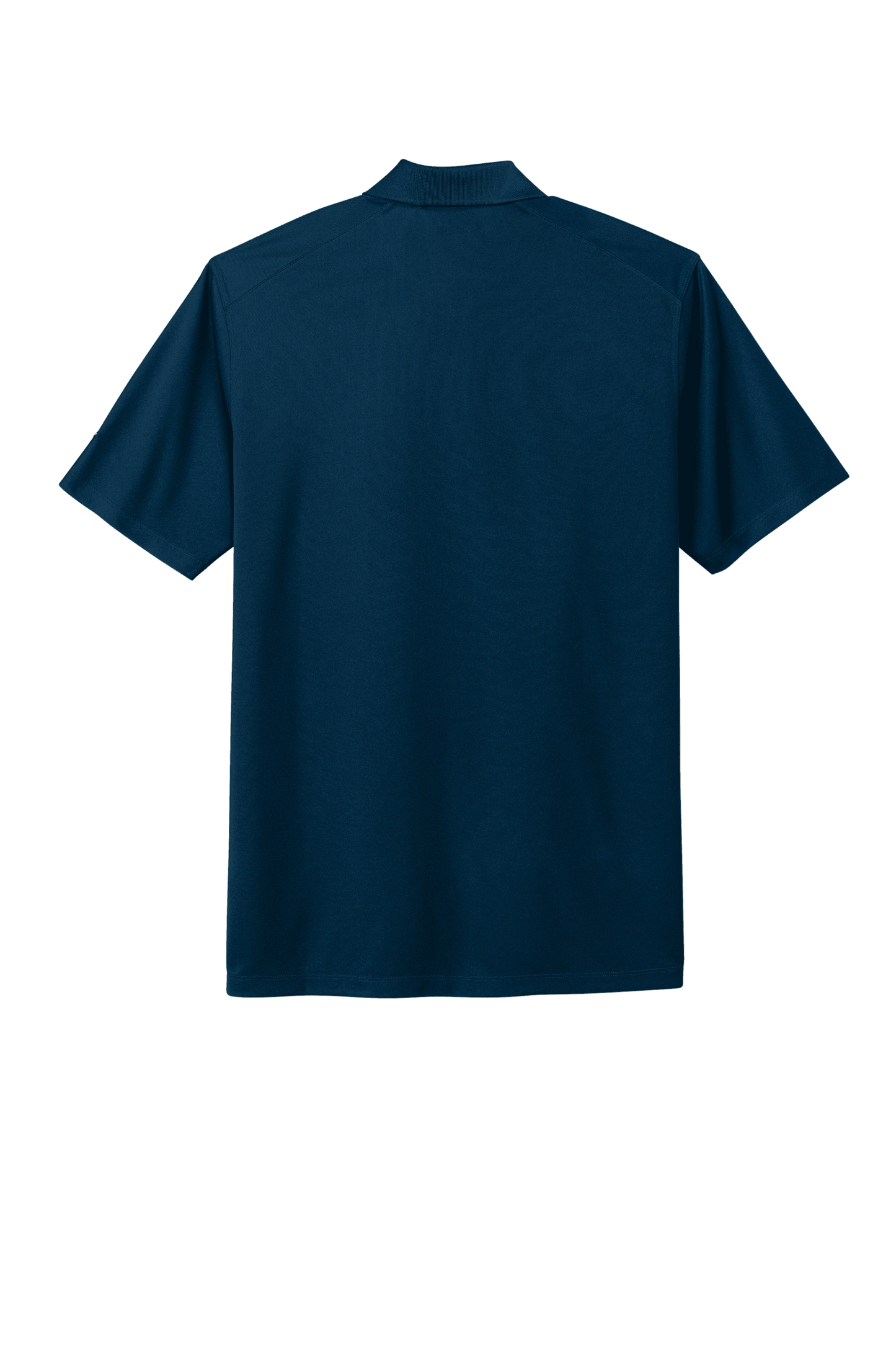 Nike men's Dri-FIT polo shirt in navy with printed design, shown from the back, made of moisture-wicking fabric for active wear.