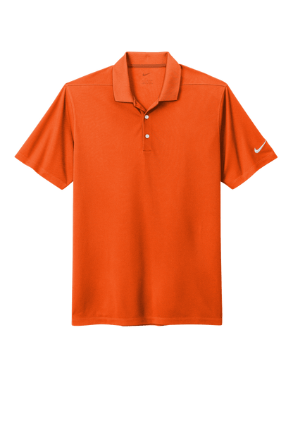 Nike men's Dri-FIT polo shirt with orange print, showing front view with collar and short sleeves, made for athletic comfort.