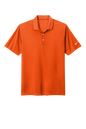 Nike men's Dri-FIT polo shirt with orange print, showing front view with collar and short sleeves, made for athletic comfort.