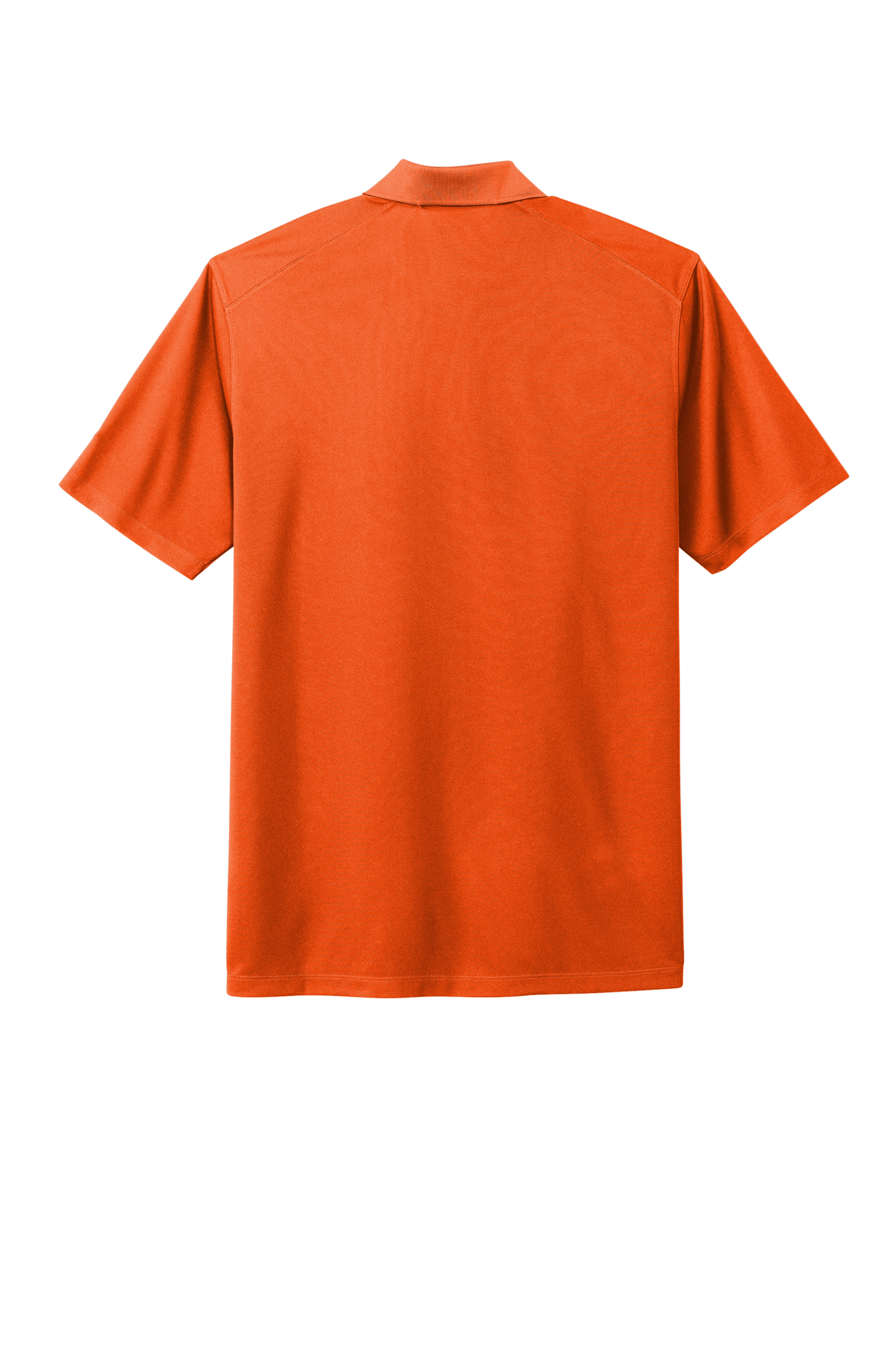 Nike men's Dri-FIT polo shirt with orange print, shown from the back, featuring breathable fabric and sporty design.